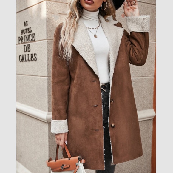 Cozy Camel Tan Sherpa Lined Vegan Suede Jacket Coat - Picture 5 of 6